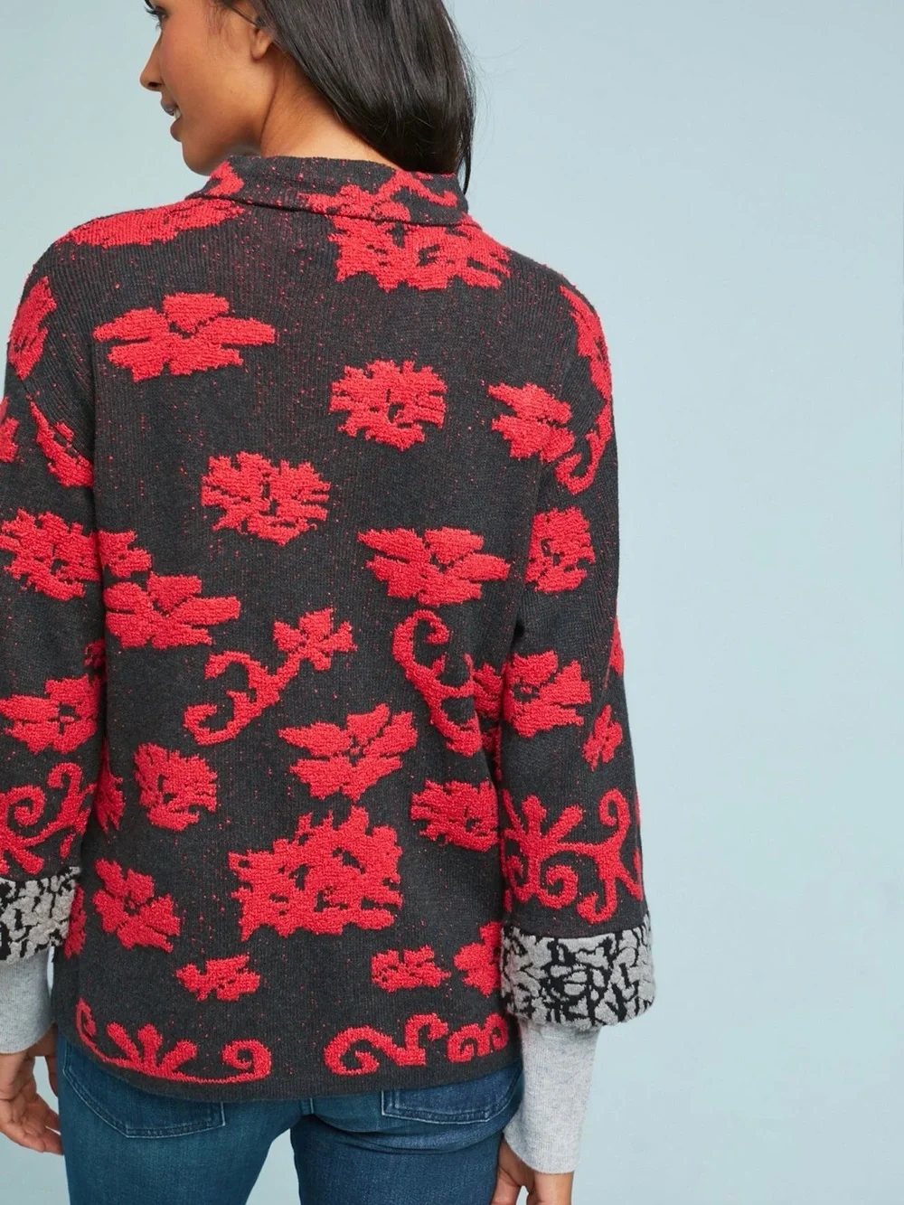 Anthropologie Red Floral Zip-Front knit Jacket